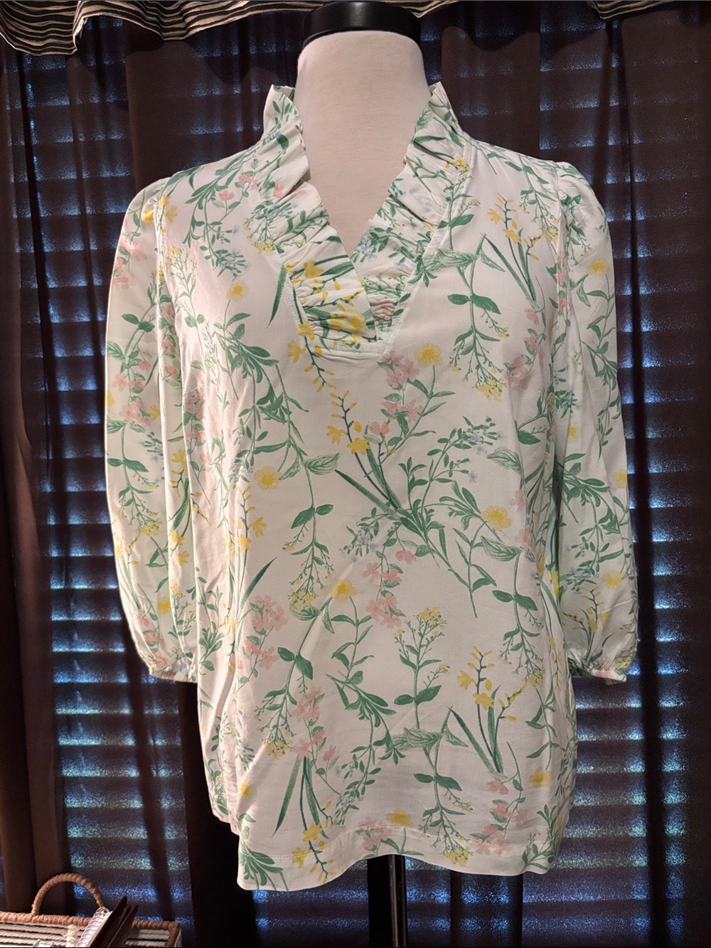 Crown & Ivy Floral Ruffle V-Neck Blouse - White with Green & Yellow